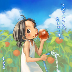 Rule 34 | 00s, 1girl, 2008, antenna hair, black eyes, black hair, blue sky, blush, child, cloud, day, dress, eating, flat chest, food, food on face, from side, garden, holding, holding food, hose, japanese text, looking at viewer, low ponytail, lowres, open mouth, original, outdoors, short ponytail, sky, sleeveless, sleeveless dress, solo, sundress, teeth, text focus, tomato, upper body, water, yuuryuu nagare