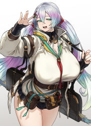 Rule 34 | 1girl, aqua eyes, aqua hair, bag, belt, breasts, brown belt, cleavage, cupitan (granblue fantasy), detached collar, gradient background, granblue fantasy, grey background, hair between eyes, hair ornament, hand up, highres, holding, holding bag, houtengeki, huge breasts, long hair, looking at viewer, multicolored hair, open mouth, purple hair, rainbow hair, red neckwear, shirt, silver hair, solo, sweat, teeth, thighs, twintails, upper teeth only, white background, white shirt
