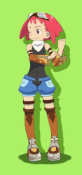 Rule 34 | 1girl, aero (mega man), capcom, closed mouth, detached sleeves, goggles, goggles on head, green background, highres, long hair, mega man (series), mega man legends (series), mega man legends 3, one eye closed, pink hair, red eyes, shorts, simple background, smile, solo, thighhighs, yamamoto souichirou
