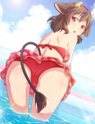 Rule 34 | 1girl, animal ears, arched back, bikini, bikini skirt, brown hair, cloud, cloudy sky, commentary request, cowboy shot, day, dutch angle, e20, from behind, hairband, highres, holmy (show by rock!!), horns, leaning forward, looking back, open mouth, partially submerged, plaid, plaid skirt, pool, railing, red bikini, red eyes, shiny skin, short hair, show by rock!!, skirt, sky, solo, sparkle, swimsuit, tail, thigh gap, twisted neck, wading