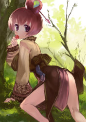 Rule 34 | 1girl, apple o archer, apple on head, arrow (projectile), ass, blush, brown jacket, brown skirt, commentary request, day, eating, feet out of frame, grass, hair between eyes, jacket, kneepits, long sleeves, looking at viewer, looking back, okishiji en, outdoors, ragnarok online, red eyes, red hair, short hair, skirt, solo, soul linker (ragnarok online), tree