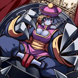 Rule 34 | 1girl, arm up, belt, blue eyes, blue skin, blush stickers, breasts, chinese clothes, claws, cleavage, cleavage cutout, clothing cutout, colored skin, jiangshi, large breasts, lei lei, long sleeves, looking at viewer, ofuda, purple hair, red eyes, short hair, sitting, solo, ugume, vampire (game)