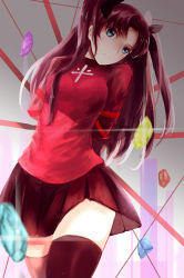 Rule 34 | 1girl, aqua eyes, arms behind back, bdsm, black bow, black skirt, black thighhighs, bondage, bound, bow, breasts, brown hair, dutch angle, expressionless, fate/stay night, fate (series), gem, grey background, hair bow, long hair, looking at viewer, medium breasts, red sweater, restrained, ribbon, ribbon bondage, skirt, solo, sweater, thighhighs, thighs, tohsaka rin, turtleneck, two side up, zhifeiji