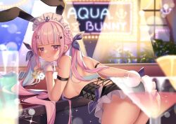 Rule 34 | 1girl, ahoge, animal ears, armband, ass, bare back, black leotard, blue hair, blush, breasts, card, clothes lift, cocktail glass, cup, drinking glass, fake animal ears, fake tail, hair ornament, hairband, highres, hololive, kashiba aira, large breasts, leotard, light, long hair, looking at viewer, minato aqua, multicolored hair, nightclub, no panties, pink hair, playboy bunny, playing card, pout, rabbit ears, rabbit tail, sideboob, skirt, skirt lift, strapless, strapless leotard, tail, two-tone hair, very long hair, virtual youtuber