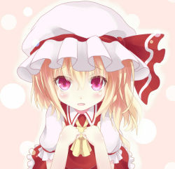 Rule 34 | 1girl, ascot, bad id, bad nicoseiga id, blonde hair, blush, commentary, fang, female focus, flandre scarlet, hat, hat ribbon, looking at viewer, mob cap, open mouth, pink background, pink eyes, puffy sleeves, ribbon, rin yuu, shirt, short sleeves, skirt, skirt set, solo, touhou, upper body, vest