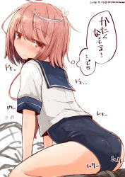 Rule 34 | 1girl, 2018, ass, blush, closed mouth, commentary request, dated, hair ornament, hakuun (m2230), highres, i-58 (kancolle), kantai collection, looking back, one-piece swimsuit, red eyes, red hair, school uniform, short hair, short sleeves, simple background, sitting, sketch, solo focus, swimsuit, swimsuit under clothes, thought bubble, translation request, twitter username, wariza, white background