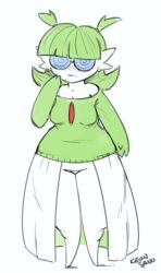 Rule 34 | 1girl, @ @, artist name, bare shoulders, bespectacled, blush, breasts, cleavage, creatures (company), full body, game freak, gardevoir, gen 3 pokemon, glasses, green hair, green sweater, hair tie, hand to own mouth, hand up, kevinsano, medium breasts, nintendo, plump, pokemon, pokemon (creature), pokemon rse, short hair, short twintails, signature, solo, standing, sweater, text focus, twintails, wide hips