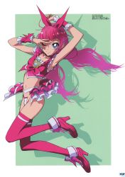 Rule 34 | 1girl, adapted costume, amanogawa kirara, arms up, blue eyes, brooch, c-string, cosplay, cure melody, cure melody (cosplay), drop shadow, frilled skirt, frills, full body, go! princess precure, heart, heart brooch, high heels, highres, jewelry, long hair, looking at viewer, nadeara bukichi, navel, non-web source, one eye closed, page number, pink hair, pink thighhighs, precure, skirt, smile, solo, strapless bottom, suite precure, thighhighs, twintails, wrist cuffs
