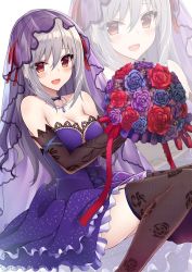 Rule 34 | 10s, 1girl, blush, bouquet, breasts, bridal veil, cleavage, dress, elbow gloves, flower, gloves, highres, idolmaster, idolmaster cinderella girls, jewelry, kanzaki ranko, lolita fashion, long hair, medium breasts, nakatama kyou, necklace, open mouth, purple dress, red eyes, silver hair, solo, strapless, strapless dress, thighhighs, veil, wedding dress, zoom layer