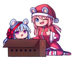 Rule 34 | 2girls, :o, ;d, alternate costume, animal ears, arrow (symbol), bear ears, blue eyes, blue hair, box, cardboard box, chibi, coat, commentary, english commentary, eyes visible through hair, hat, in box, in container, leg warmers, long hair, long sleeves, looking at viewer, low twintails, multiple girls, nieve (rabi ribi), nixie (rabi ribi), one eye closed, open mouth, outline, pink eyes, pink hair, pom pom (clothes), rabi-ribi, red coat, red ribbon, ribbon, santa costume, santa hat, siblings, simple background, sisters, smile, speckticuls, striped clothes, striped legwear, striped thighhighs, thighhighs, thumbs up, transparent background, twintails, v-shaped eyebrows, white background, white outline, wide sleeves