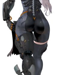Rule 34 | 1girl, absurdres, android, ass, ass focus, grey hair, highres, long hair, mechanical parts, original, simple background, solo, white background, yunimaru