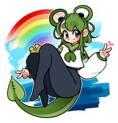 Rule 34 | 1girl, :3, blush, bodystocking, chey, closed mouth, frog, frog girl, full body, green hair, green neckerchief, green sailor collar, hand up, hands up, heart, lily (chey), long sleeves, looking at viewer, medium hair, neckerchief, original, puffy long sleeves, puffy sleeves, rainbow, sailor collar, shirt, smile, solo, tadpole tail, thick eyebrows, v, white shirt