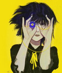 Rule 34 | 1girl, between fingers, black hair, chain, hands up, highres, holding, looking at viewer, mole, mole under mouth, original, parted lips, ribbon, shadow, short hair, signature, simple background, smile, solo, toktin zq, upper body, yellow background, yellow neckwear, yellow ribbon