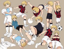 Rule 34 | 10s, 1boy, aoto gonzales takuma, aqua eyes, ass, ball, bike shorts, blonde hair, blue eyes, blush, brown background, casual, closed eyes, collage, frown, full body, ginga e kickoff!!, highres, hood, hoodie, kujiranohane, looking down, male focus, multiple views, navel, one eye closed, open mouth, short hair, shorts, simple background, smile, soccer, soccer ball, soccer uniform, sportswear, standing, telstar, topless male, undressing