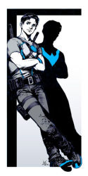 Rule 34 | 1boy, agent 37, belt, blue eyes, crossed arms, dc comics, dick grayson, escrima stick, gradient background, holster, leaning, male focus, monochrome, nightwing, shoes, short sleeves, silhouette, sneakers, solo, spot color, standing, thigh strap