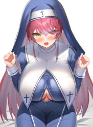 Rule 34 | 1girl, aa44, heterochromia, hololive, houshou marine, long hair, nun, open mouth, red eyes, red hair, simple background, sitting, smile, solo, virtual youtuber, yellow eyes
