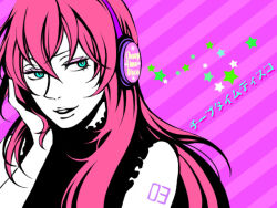 Rule 34 | alternate costume, arm tattoo, blue eyes, facial tattoo, headphones, kiki (kikiloid), megurine luka, official art, parted lips, pink hair, shirt, sleeveless, sleeveless shirt, song name, song request, star (symbol), striped background, tattoo, translation request, upper body, vocaloid