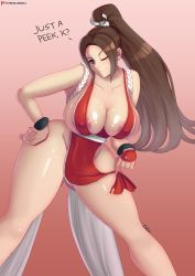 Rule 34 | 1girl, areola slip, breasts, brown eyes, brown hair, english text, fatal fury, female focus, highres, huge breasts, long hair, matching hair/eyes, one eye closed, ponytail, shiranui mai, signature, skindentation, smile, solo, standing, wink