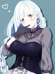 Rule 34 | 1girl, alternate costume, aqua hair, black gloves, blush, breasts, brynhildr (fate), closed mouth, commentary request, dress, earrings, fate/grand order, fate (series), finger to mouth, gloves, hair over one eye, highres, jewelry, long hair, long sleeves, looking at viewer, medium breasts, patterned clothing, purple eyes, simple background, smile, solo, upper body, very long hair, yamamura umi