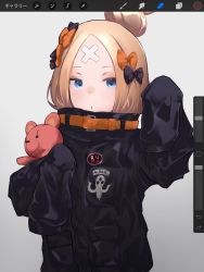 Rule 34 | 1girl, abigail williams (fate), abigail williams (traveling outfit) (fate), alternate hairstyle, bandaid, bandaid on face, bandaid on forehead, belt, black bow, black jacket, blonde hair, blue eyes, blush, bow, fate/grand order, fate (series), forehead, hair bow, hair bun, hand up, high collar, highres, holding, holding stuffed toy, jacket, long hair, looking at viewer, misekai 555, official alternate costume, open mouth, orange bow, parted bangs, polka dot, polka dot bow, single hair bun, sleeves past fingers, sleeves past wrists, solo, stuffed animal, stuffed toy, teddy bear