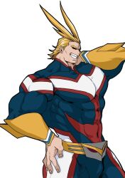 Rule 34 | 1boy, abs, all might, antenna hair, blonde hair, blue bodysuit, bodysuit, boku no hero academia, bulge, commentary request, cowboy shot, grin, hand on own hip, hand on own neck, highres, large pectorals, male focus, muscular, muscular male, pectorals, rose04111988, short hair, simple background, skin tight, smile, solo, standing, white background