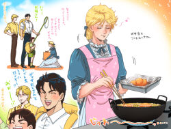 Rule 34 | 1girl, 3boys, alternate universe, anachronism, apron, backpack, bag, black hair, blonde hair, blue dress, brown hair, chopsticks, commentary request, cooking, dio brando, dress, eighth note, erina pendleton, family, father and son, food, george joestar ii, hand net, holding, holding chopsticks, jojo no kimyou na bouken, jonathan joestar, kneeling, mother and son, mugicha (zoro1132), multiple boys, musical note, phantom blood, pink apron, steam, stove, translation request, wok, wrapped bento