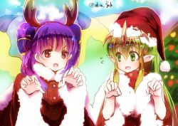 Rule 34 | 2girls, antlers, christmas tree, dragon wings, fang, fire emblem, fire emblem: mystery of the emblem, fire emblem: the sacred stones, fire emblem heroes, fur trim, green eyes, green hair, hat, horns, long hair, long sleeves, looking at another, looking to the side, multi-tied hair, multiple girls, myrrh (fire emblem), nintendo, oka (umanihiki), one-hour drawing challenge, open mouth, pointy ears, pom pom (clothes), purple hair, red eyes, red hat, reindeer antlers, santa hat, tiara, tiki (fire emblem), tiki (young) (fire emblem), twintails, twitter username, wings