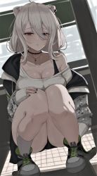 Rule 34 | 1girl, absurdres, ahoge, animal ears, black choker, black nails, breasts, casual, choker, cleavage, collarbone, earrings, full body, grey eyes, grey jacket, hair between eyes, highres, hololive, indoors, jacket, jewelry, kneeling, large breasts, lion ears, lion girl, looking at viewer, low twintails, nail polish, pendant, shishiro botan, shishiro botan (casual), shoes, sidelocks, single bare shoulder, solo, squatting, thighs, tomj, twintails, virtual youtuber, white hair