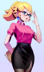 Rule 34 | 1girl, alternate costume, arm behind back, black pantyhose, blonde hair, blue eyes, bracelet, breasts, collared shirt, commentary, contemporary, datcravat, earrings, english commentary, folder, glasses, highres, holding, holding folder, jewelry, mario (series), medium hair, nintendo, office lady, pantyhose, pencil skirt, pink shirt, ponytail, princess peach, shirt, simple background, skirt, solo