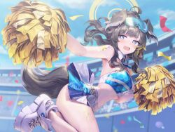 Rule 34 | 1girl, ahoge, animal ears, arm tattoo, bare arms, black hair, blue archive, blue eyes, blush, breasts, cheerleader, confetti, crop top, dog ears, dog girl, dog tail, from side, gesoking, goggles, goggles on head, halo, hibiki (blue archive), hibiki (cheer squad) (blue archive), highres, holding, holding pom poms, long hair, looking at viewer, medium breasts, millennium cheerleader outfit (blue archive), miniskirt, official alternate costume, open mouth, outdoors, pom pom (cheerleading), pom poms, ponytail, shoes, sidelocks, skirt, solo, stadium, sweat, tail, tattoo