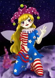 Rule 34 | 1girl, american flag dress, american flag legwear, blonde hair, blush stickers, clownpiece, collar, fairy, fairy wings, female focus, frilled collar, frills, hat, highres, jester cap, kneeling, long hair, looking at viewer, open mouth, pantyhose, parasite oyatsu, sky, solo, star (sky), starry sky, touhou, v, wings, zun (style)