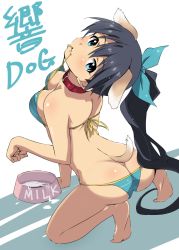 Rule 34 | 1girl, animal ears, ass, bad id, bad twitter id, barefoot, bikini, blue eyes, butt crack, dog ears, dog tail, full body, ganaha hibiki, halterneck, high ponytail, idolmaster, idolmaster (classic), long hair, ponytail, simple background, solo, string bikini, swimsuit, tail, yumekaranigeruna