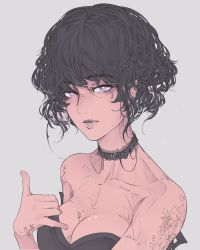 Rule 34 | 1girl, bare shoulders, black choker, black hair, breasts, bright pupils, choker, cleavage, collarbone, elliemaplefox, grey background, grey eyes, hand up, highres, looking at viewer, original, short hair, simple background, solo, tattoo, white pupils