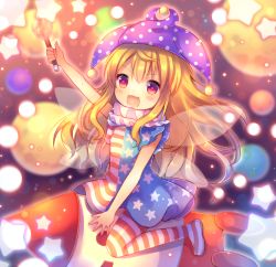 Rule 34 | 1girl, american flag dress, american flag legwear, american flag shirt, blonde hair, blush stickers, clownpiece, coa (chroo x), fairy wings, hat, jester cap, long hair, mimi-chan, open mouth, pantyhose, pink eyes, riding, rocket, smile, solo, star (symbol), striped clothes, striped pantyhose, torch, touhou, touhou (pc-98), very long hair, wings