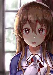 Rule 34 | 1girl, ashigara (kancolle), blurry, brown eyes, brown hair, commentary request, face, fangs, gloves, hair between eyes, hairband, highres, indoors, kantai collection, long hair, looking at viewer, okitsugu, open mouth, solo, uniform, white gloves, window