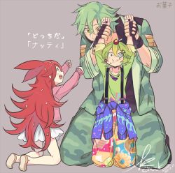 Rule 34 | 1girl, 2boys, arms up, candy, clothes around waist, crazy eyes, flaky (happy tree friends), flippy (happy tree friends), food, green eyes, green hair, hair ornament, hairclip, happy tree friends, hood, hoodie, jacket, jacket around waist, kab00m chuck, long hair, multiple boys, nutty (happy tree friends), red hair, short hair, simple background, smile, translation request, very long hair