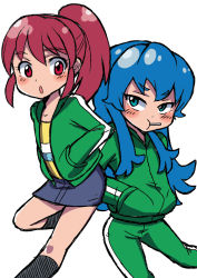 Rule 34 | 10s, 2girls, aino megumi, alternate costume, back-to-back, blue eyes, blue hair, candy, food, hands in pockets, happinesscharge precure!, highres, jacket, konboi-eg, lollipop, long hair, multiple girls, pants, pink eyes, pink hair, ponytail, precure, shirayuki hime, simple background, skirt, track jacket, track pants, track suit, tsurime, white background