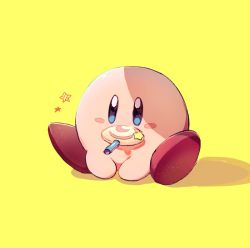 Rule 34 | bad id, bad twitter id, blue eyes, blush, blush stickers, candy, eating, food, full body, invincible candy, jpeg artifacts, kirby, kirby (series), lollipop, mouth hold, nao (naaa 195), nintendo, no humans, simple background, sitting, solo, star (symbol), yellow background