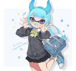 Rule 34 | 1girl, :d, bad id, bad twitter id, bag, black skirt, blue eyes, blue footwear, blue hair, blue horns, blue tongue, blunt bangs, blunt ends, border, bow, bowtie, cardigan, carrying, colored tongue, commentary, cowboy shot, crossed legs, dated, demon horns, diagonal-striped bow, diagonal-striped bowtie, diagonal-striped clothes, diagonal-striped neckwear, dress shirt, english text, fake horns, fang, green bow, green bowtie, grey background, grey cardigan, happy birthday, highres, horns, inkling, inkling girl, inkling player character, jellyfish (splatoon), leg up, long hair, looking at viewer, loose socks, mask, miniskirt, nintendo, notice lines, open mouth, outside border, pink bow, pink bowtie, pleated skirt, pointy ears, school bag, school uniform, shadow, shirt, shoes, skirt, smile, sneakers, socks, solo, splatoon (series), standing, standing on one leg, striped bow, striped bowtie, striped clothes, striped neckwear, tentacle hair, ume (plumblossom), waving, white border, white legwear, white shirt, wing collar