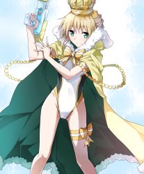 Rule 34 | 1girl, alternate costume, artoria pendragon (all), artoria pendragon (fate), artoria pendragon (swimsuit archer) (fate), artoria pendragon (swimsuit archer) (third ascension) (fate), bare legs, blonde hair, bow, cape, closed mouth, competition swimsuit, contrapposto, covered navel, crown, eyebrows, fate/grand order, fate/stay night, fate (series), fur collar, fur trim, green eyes, groin, holding, legs apart, looking at viewer, one-piece swimsuit, saber (fate), short hair, smile, solo, standing, striped, striped bow, swimsuit, thigh strap, tsuezu, water gun, white one-piece swimsuit, yellow cape