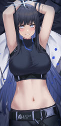 Rule 34 | 1girl, armpits, arms behind head, arms up, bare arms, belt, black hair, blue archive, blue hair, blush, bound, bound wrists, breasts, buckle, colored inner hair, crop top, fang, gaitoou, grey eyes, grimace, halo, highres, large breasts, long hair, looking at viewer, lying, midriff, multicolored hair, navel, on back, petals, saori (blue archive), skin tight, sleeveless, solo, stomach, teeth, two-tone hair