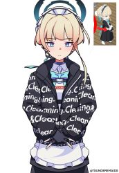 Rule 34 | 1girl, apron, artist name, black gloves, black jacket, black skirt, blonde hair, blue archive, blue bow, blue bowtie, blue eyes, blue ribbon, bow, bowtie, brand name imitation, commentary, commentary request, double v, drip (meme), english commentary, expressionless, fingerless gloves, frilled apron, frills, gloves, hair bun, hair ribbon, halo, highres, jacket, long sleeves, looking at viewer, maid apron, maid headdress, meme, own hands together, reference inset, ribbon, short hair, single hair bun, skirt, solo, standing, straight-on, supreme (brand), toki (blue archive), tsunderemaids, twitter username, upper body, v, wing collar