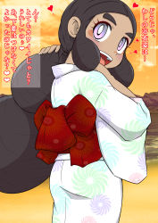 Rule 34 | 1girl, absurdres, alternate costume, aor saiun, back bow, black hair, blush, bow, bright pupils, cloud, cowboy shot, creatures (company), dark-skinned female, dark skin, female focus, forehead, from behind, game freak, hands up, happy, hapu (pokemon), heart, highres, japanese clothes, japanese text, kimono, light blush, long hair, long sleeves, looking at viewer, looking back, nape, nintendo, open mouth, orange background, orange sky, outdoors, pokemon, pokemon sm, purple eyes, red bow, sidelocks, sky, smile, solo, spoken heart, standing, sunset, talking, teeth, text focus, tongue, translation request, white kimono, white pupils, wide sleeves
