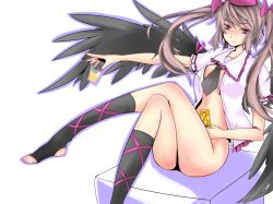 Rule 34 | 1girl, bad id, bad pixiv id, bird wings, black wings, bottomless, brown hair, cellphone, collarbone, female focus, fingernails, glass, hat, highres, himekaidou hatate, juice, long fingernails, long hair, nail polish, necktie, no bra, outstretched arms, phone, puffy sleeves, purple eyes, short sleeves, smile, solo, touhou, tp65pxu4, twintails, white background, wings