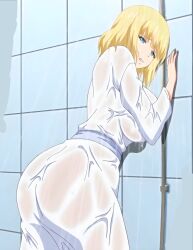 Rule 34 | 1girl, alisa (katainaka ni totsui de kita russia musume to h shimakuru ohanashi), ass, blonde hair, blue eyes, breasts, from behind, highres, huge ass, huge breasts, katainaka ni totsui de kita russia musume to h shimakuru ohanashi, robe, short hair, shower (place), showering, solo, wet, wet clothes