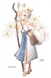 Rule 34 | 1girl, absurdres, ahoge, animal ear fluff, animal ears, bag, bangle, bare arms, bare shoulders, blue eyes, blush, bracelet, brown footwear, closed mouth, collarbone, coreytaiyo, dated, dress, floral background, flower, full body, hair over one eye, highres, holding, jewelry, original, sandals, shoulder bag, signature, simple background, smile, solo, tail, white background, white dress, white flower