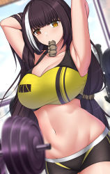 Rule 34 | 1girl, absurdres, alternate costume, armpits, arms behind head, black shorts, blush, breasts, brown hair, cleavage, closed mouth, collarbone, commentary, commission, english commentary, feet out of frame, girls&#039; frontline, gym, hair ornament, hairclip, heterochromia, highres, large breasts, long hair, looking at viewer, mouth hold, multicolored hair, navel, pixiv commission, red eyes, ro635 (girls&#039; frontline), sheita, shorts, simple background, solo, sports bra, standing, yellow eyes, yellow sports bra