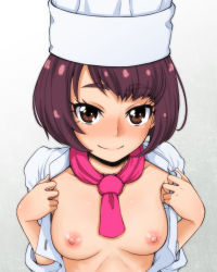 Rule 34 | 1girl, blush, breasts, breasts out, brown eyes, brown hair, buttons, chef hat, cooking club president, cooking club president (go! princess precure), dress shirt, go! princess precure, gradient background, hat, hone (koppun), light smile, long sleeves, looking at viewer, nipples, no bra, nose blush, open clothes, open shirt, precure, purple hair, scarf, shirt, short hair, sleeves rolled up, small breasts, smile, solo, unbuttoned, undressing, white shirt