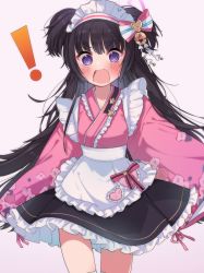 Rule 34 | !, 1girl, @ @, absurdres, apron, black hair, blue archive, blush, dress, female focus, frilled dress, frills, hair ornament, highres, long hair, long sleeves, looking at viewer, maid, maid apron, maid headdress, niboshi (jnls hkg), open mouth, purple eyes, shizuko (blue archive), solo, surprised, thighhighs, very long hair, wa maid, white background, white thighhighs, wide sleeves
