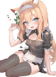 Rule 34 | 1girl, alternate costume, animal ear fluff, animal ears, apron, arm support, black dress, black thighhighs, blue archive, blue eyes, blush, breasts, commentary, double-parted bangs, dress, enmaided, extra ears, fang, flower, fox ears, frilled apron, frilled sleeves, frills, hair between eyes, hair flower, hair ornament, hairband, hand up, highres, long hair, looking at viewer, maid, mari (blue archive), open mouth, orange hair, paw pose, puffy short sleeves, puffy sleeves, short sleeves, simple background, sitting, skindentation, small breasts, smile, solo, thighhighs, translated, variant set, waist apron, white apron, white background, white flower, white hairband, windon, yokozuwari